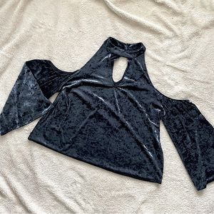 American Eagle Blue Crushed Velvet Long Sleeve Cold Shoulder Top | Size XL